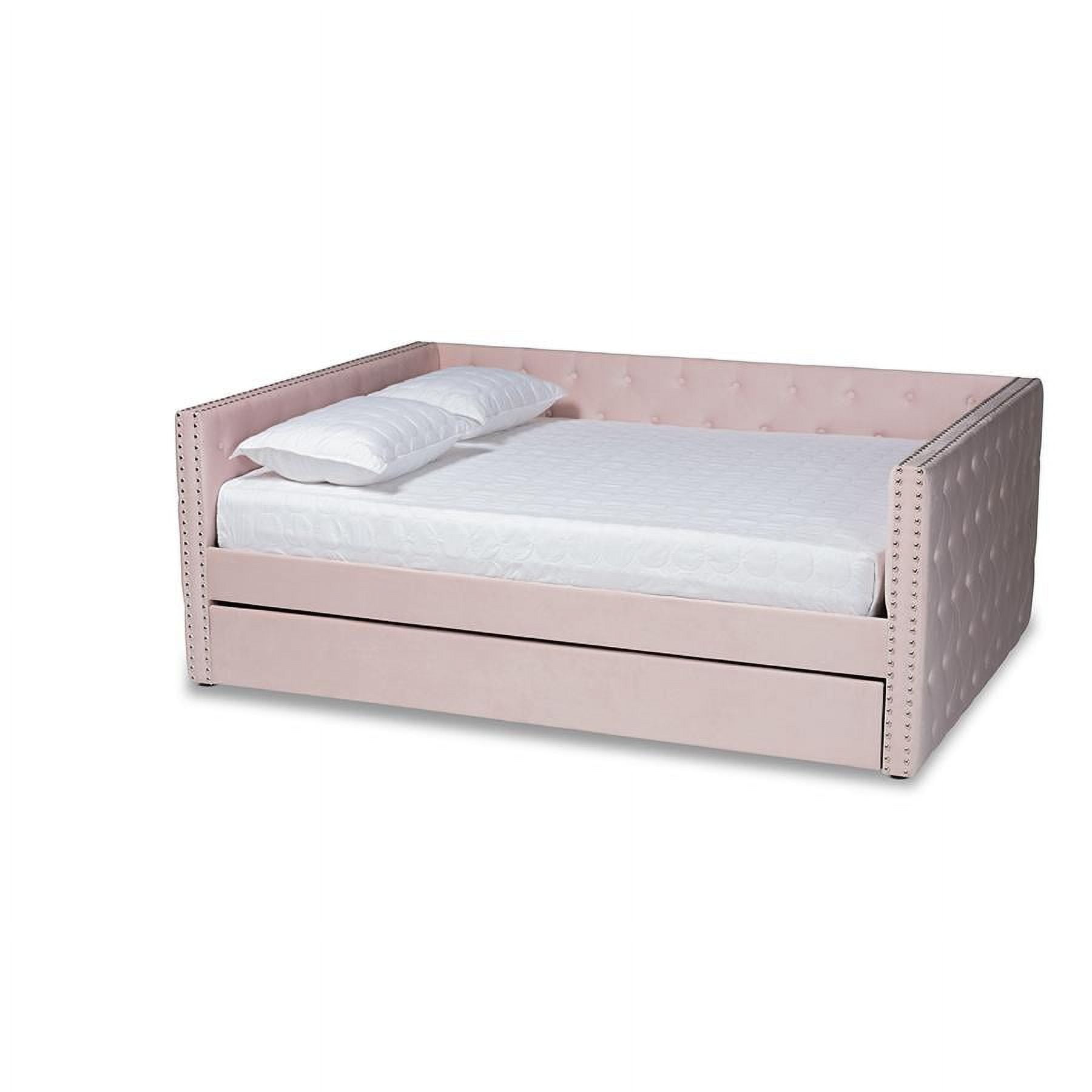 Pink Velvet Upholstered Queen Daybed with Trundle and Tufted Design