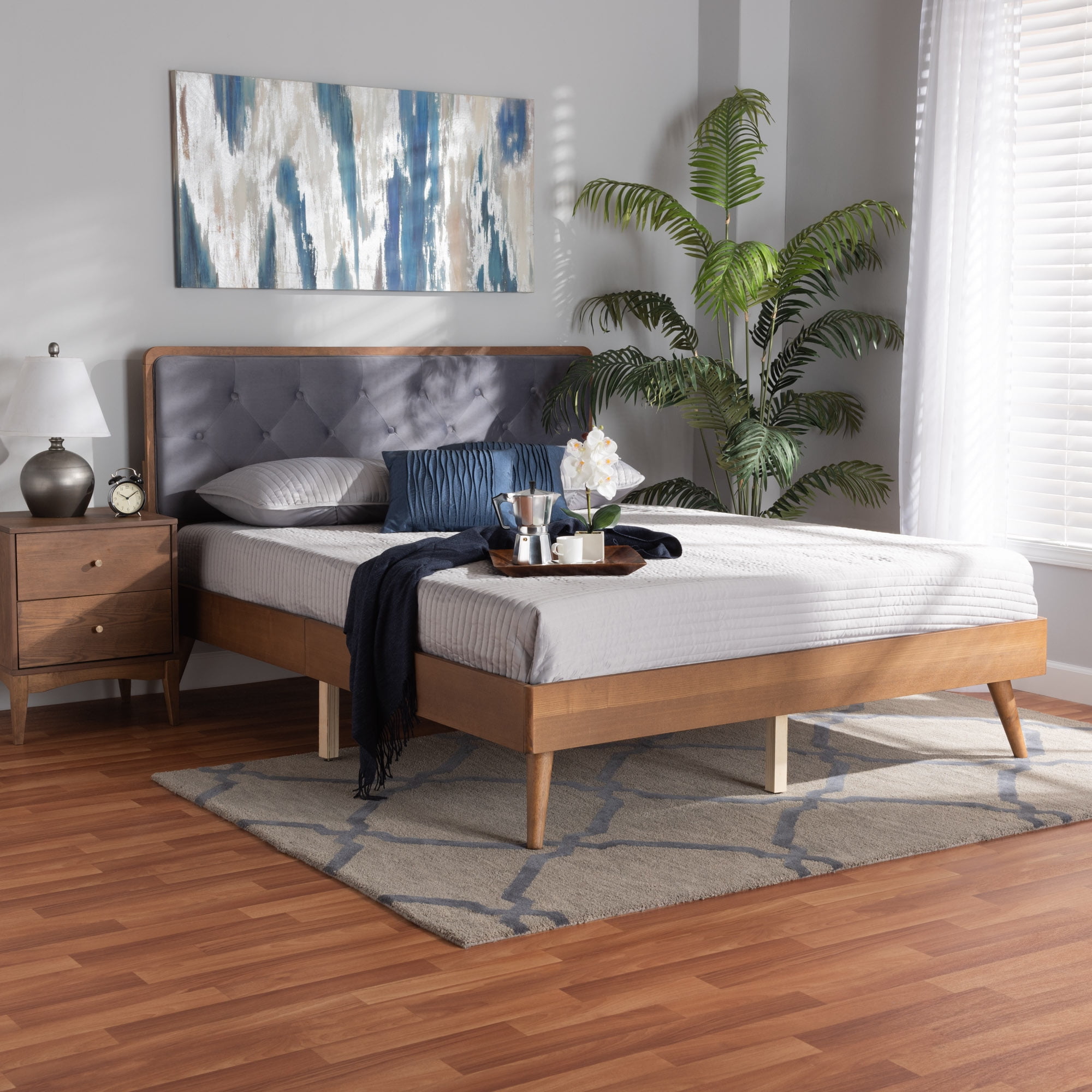 Baxton Studio Larue Modern and Contemporary Grey Velvet Fabric Upholstered and Walnut Brown Finished Wood King Size Platform Bed