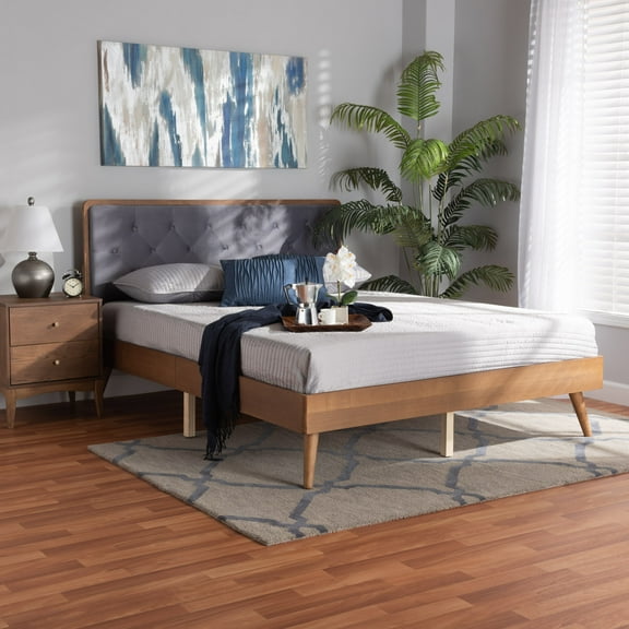 Baxton Studio Larue Modern and Contemporary Grey Velvet Fabric Upholstered and Walnut Brown Finished Wood King Size Platform Bed