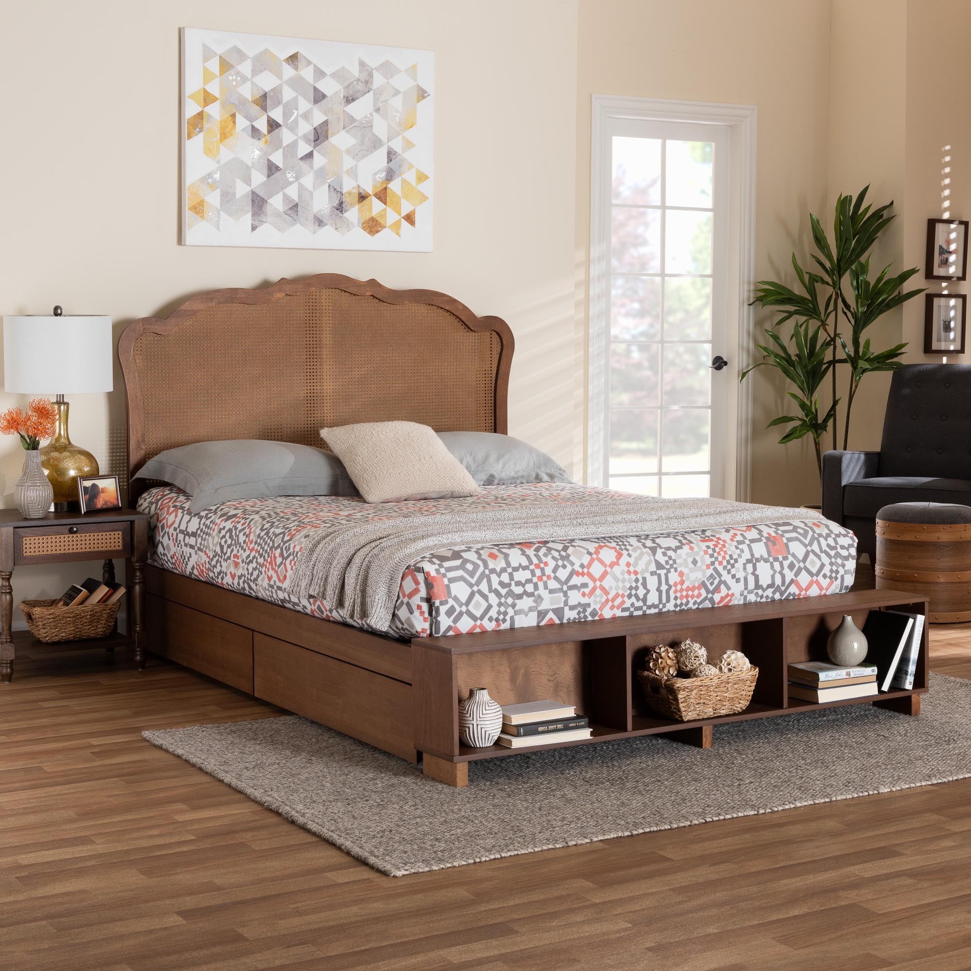 Baxton Studio Latrell Mid Century Storage Bed King Walnut Brown Walmart