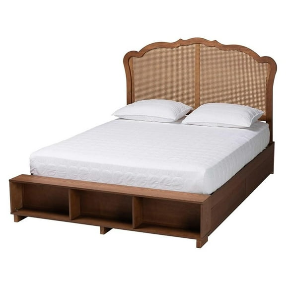 Baxton Studio Latrell Walnut Brown Wood and Rattan King Size Storage Bed