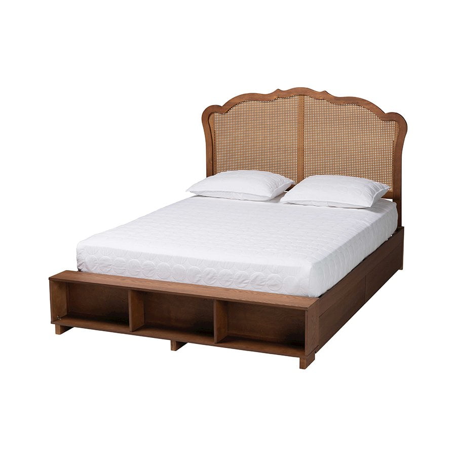 Latrell Walnut Brown Wood Queen Bed with Rattan Headboard and Storage