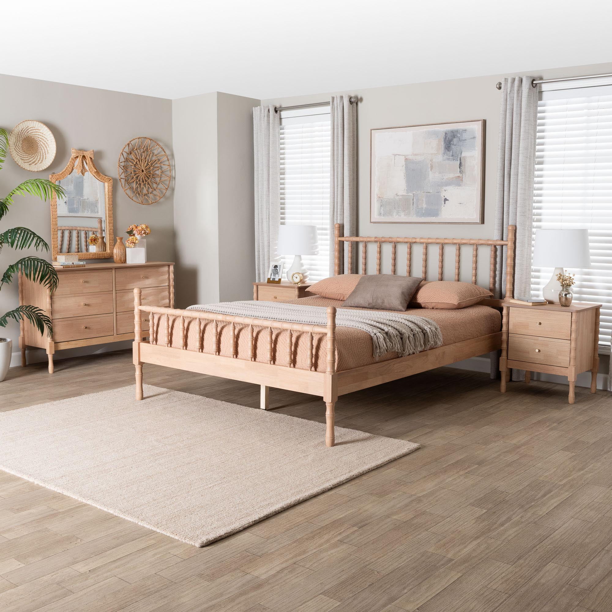 Baxton Studio Laurent Mid-Century Bedroom Set, 4-Piece, Queen, Beech Brown