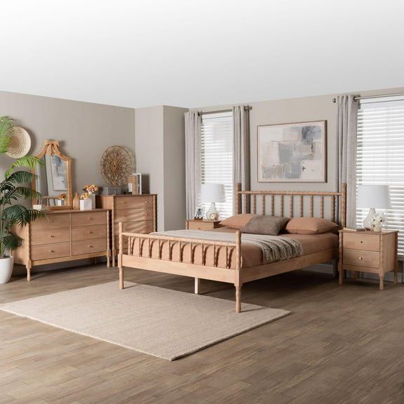 Baxton Studio Laurent Mid-Century Bedroom Set, 5-Piece, Queen, Beech Brown