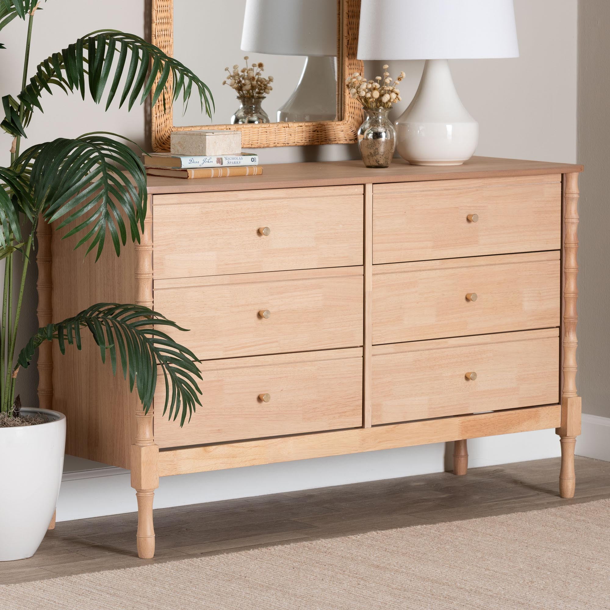 Baxton Studio Laurent Mid-Century Dresser, 6-Drawer, Beech Brown