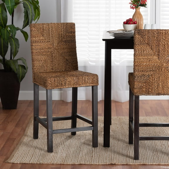Baxton Studio Laymi Modern Bohemian Dark Brown Mahogany Wood and Seagrass Counter Stool