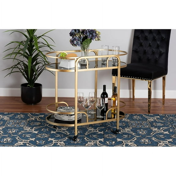 Baxton Studio Leighton Contemporary Glam and Luxe Gold Metal and Tempered Glass 2-Tier Wine Cart