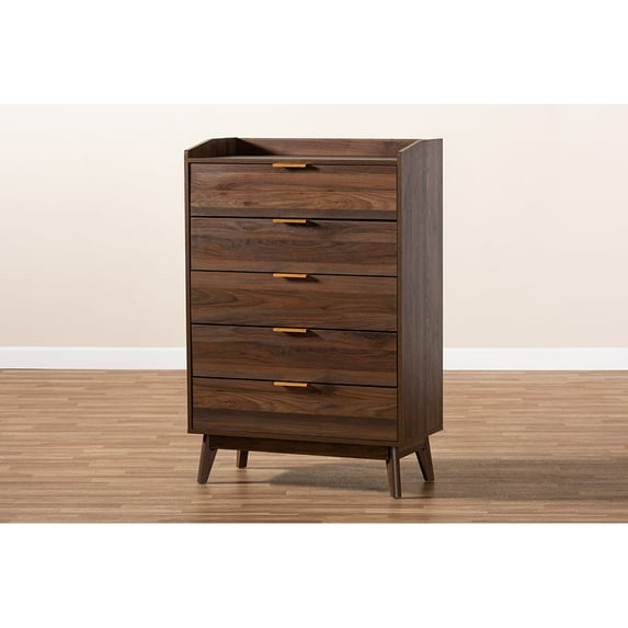 Baxton Studio Lena Mid-Century Modern Walnut Brown Finished 5-Drawer Wood Chest