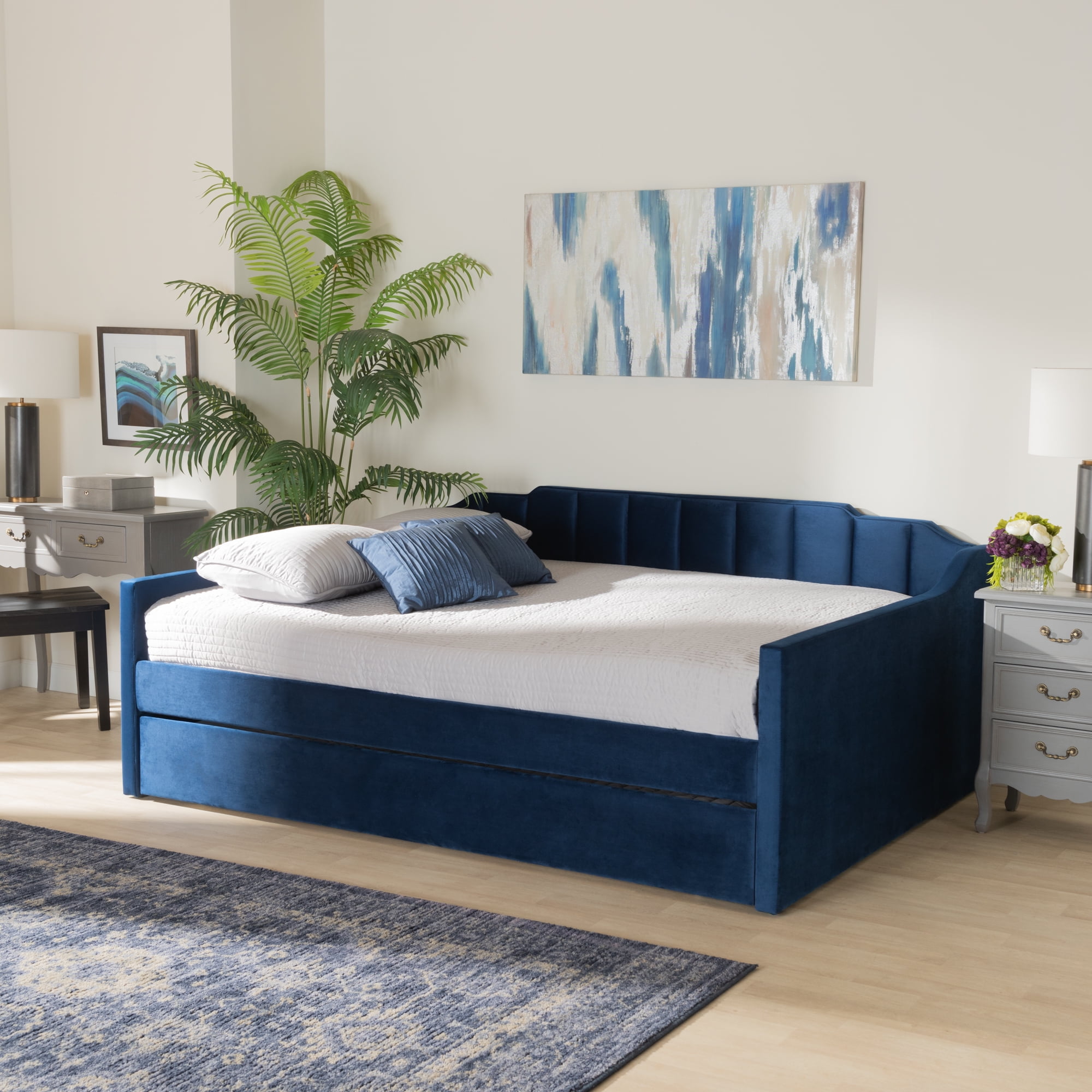 Baxton Studio Lennon Contemporary Engineered Wood with Trundle Daybed, Queen, Navy Blue
