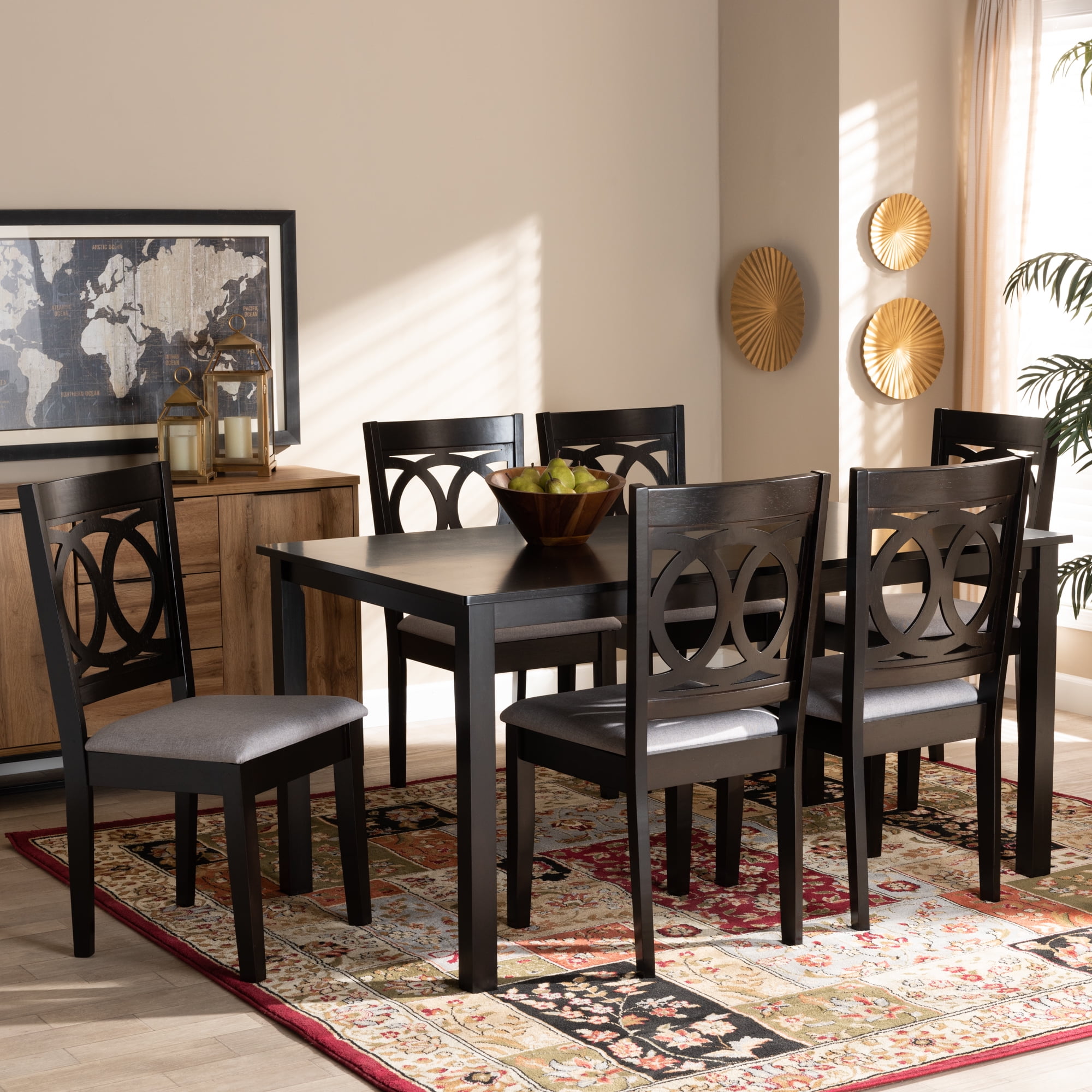 Baxton Studio Lenoir Modern and Contemporary Grey Fabric Upholstered Espresso Brown Finished Wood 7-Piece Dining Set