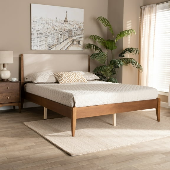 Baxton Studio Lenora Mid-Century Modern Beige Fabric Upholstered and Walnut Brown Finished Wood Queen Size Platform Bed