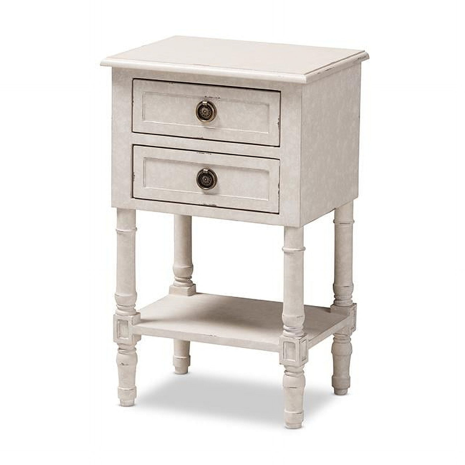 Whitewashed Farmhouse Charm 2-Drawer Nightstand with Bronze Pulls