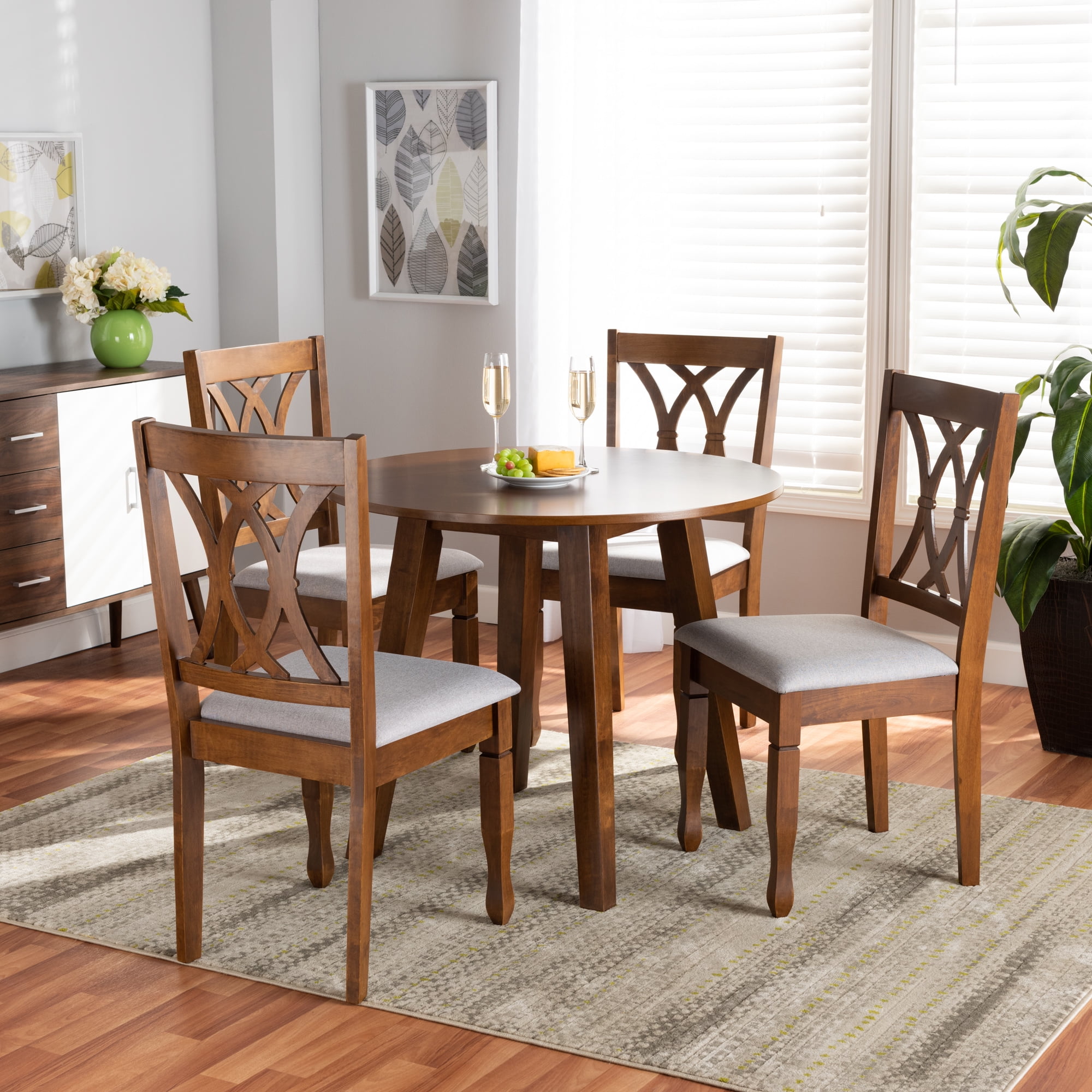 Baxton Studio Leon Modern and Contemporary Grey Fabric Upholstered and Walnut Brown Finished Wood 5-Piece Dining Set