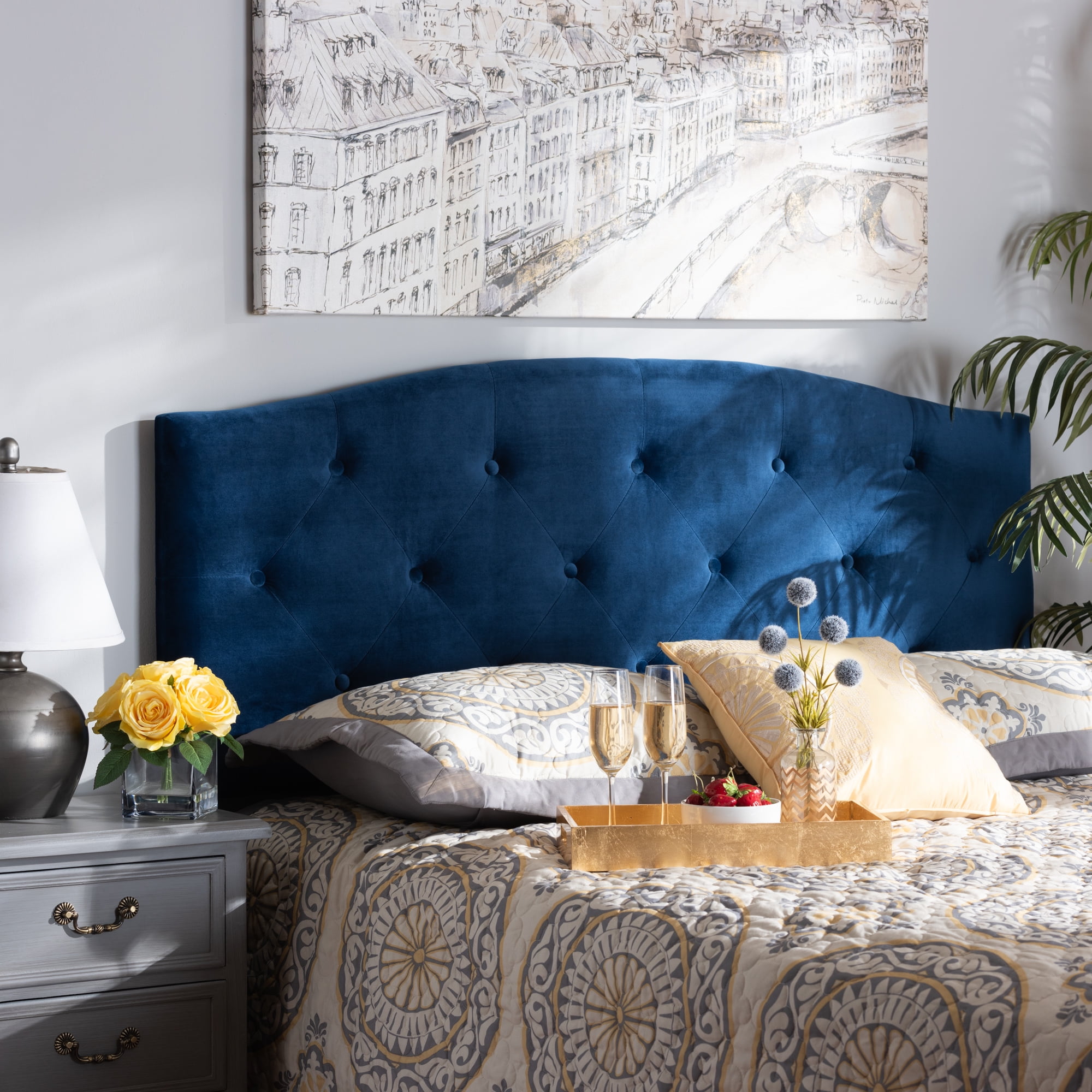 Baxton Studio Leone Modern and Contemporary Navy Blue Velvet Fabric Upholstered King Size Headboard