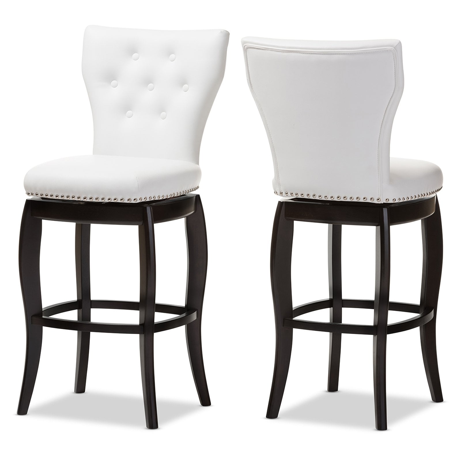 White Faux Leather Button-Tufted Swivel Bar Stools with Dark Wood Legs, Set of 2