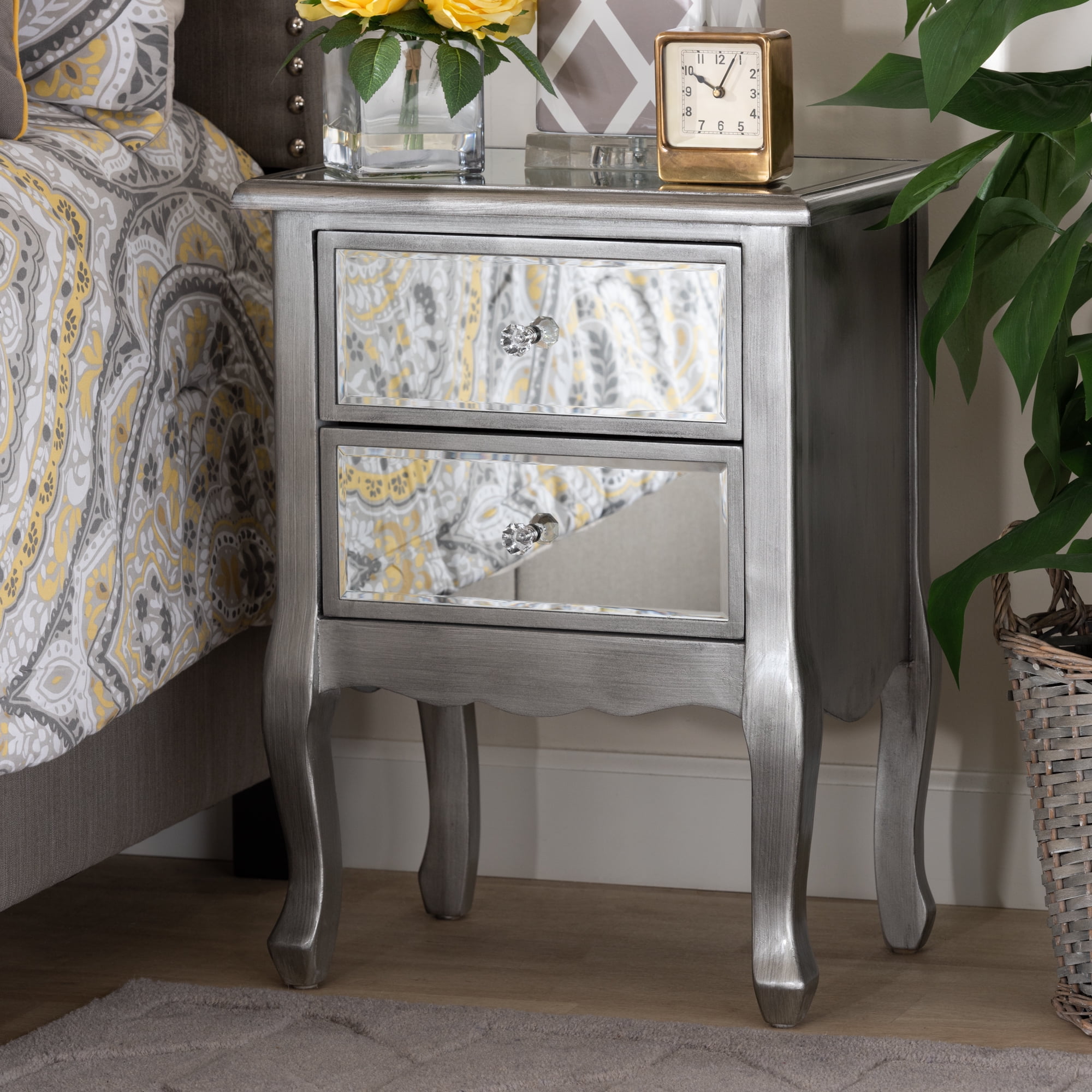 Baxton Studio Leonie Modern Transitional French Brushed Silver Finished Wood and Mirrored Glass 2-Drawer End Table