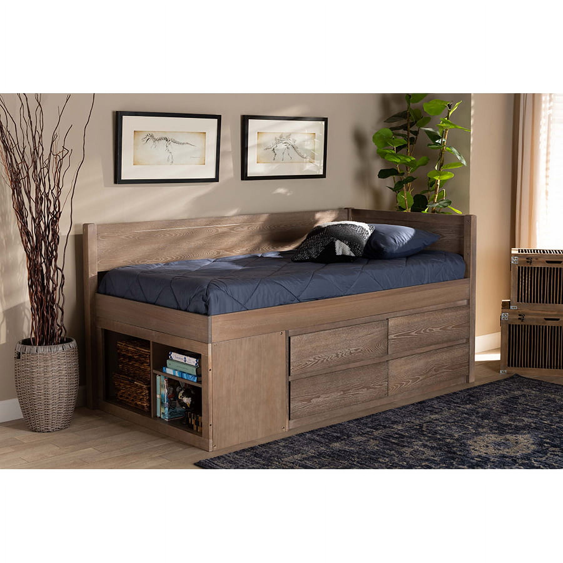 Antique Oak Twin Upholstered Storage Bed with Bookcase & Tufted Headboard