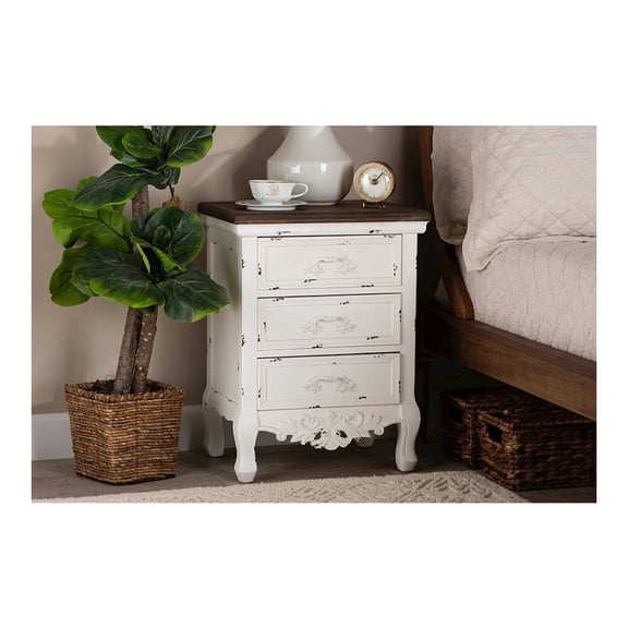 Baxton Studio Levron Classic and Traditional Walnut Brown and Antique White Finished Wood 3-Drawer End Table