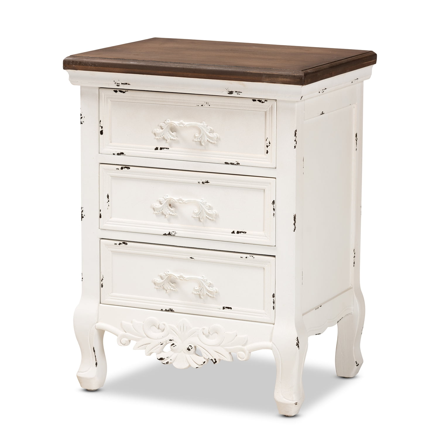 Levron Antique White and Walnut Brown 3-Drawer Solid Wood Nightstand