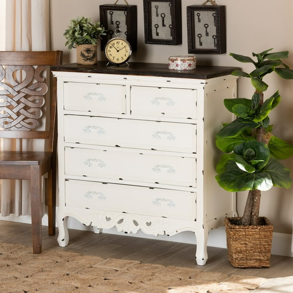 Baxton Studio Levron Classic and Traditional Two-Tone Walnut Brown and Antique White Finished Wood 5-Drawer Storage Cabinet