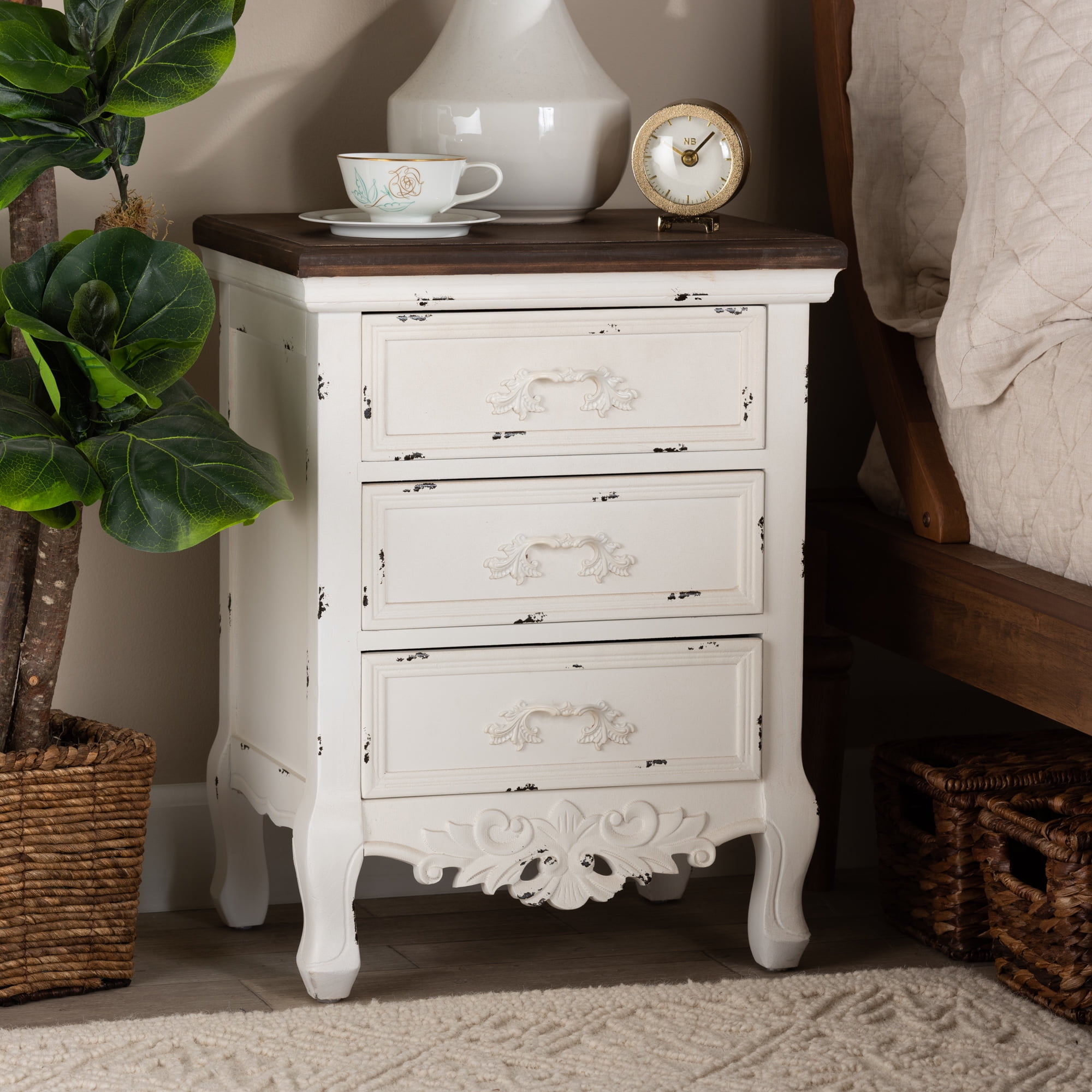 Baxton Studio Levron Classic and Traditional Walnut Brown and Antique White Finished Wood 3-Drawer End Table