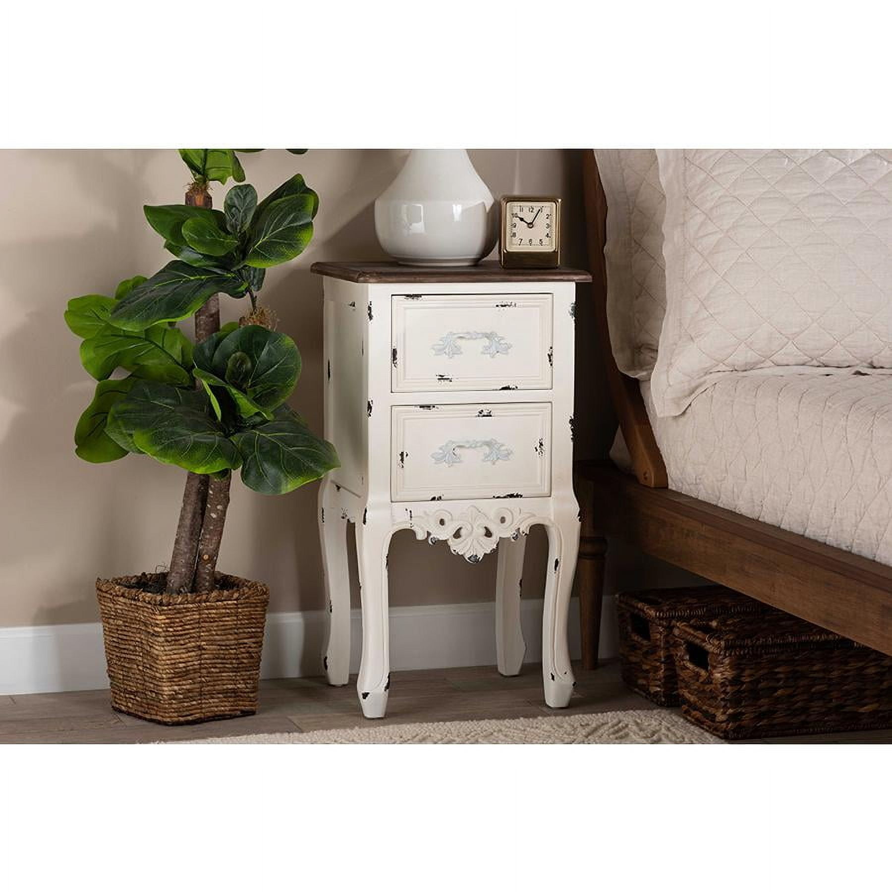 Walnut Brown & Antique White 2-Drawer Mid-Century Nightstand