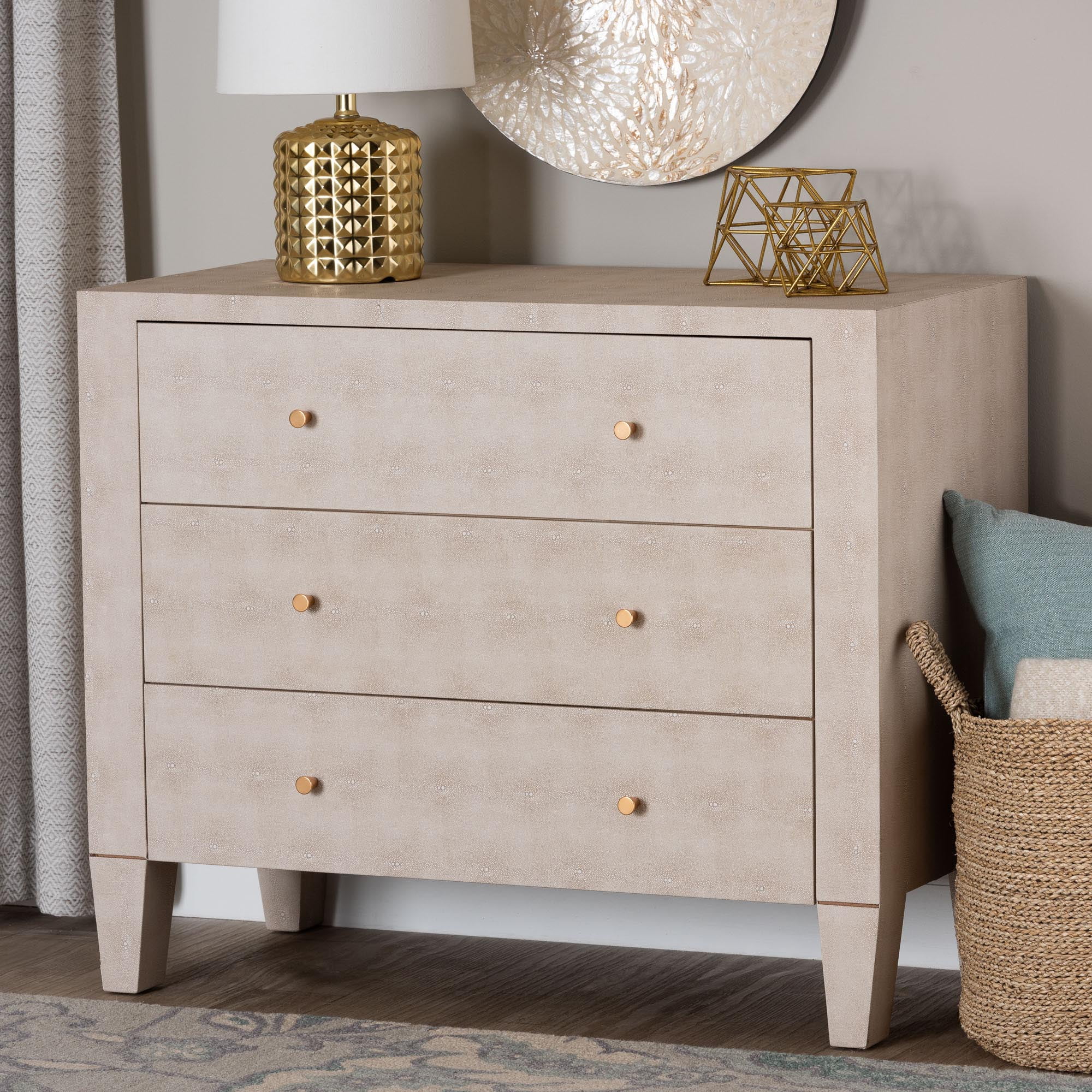 Baxton Studio Leyna Modern Storage Cabinet, 3-Drawer, Brass