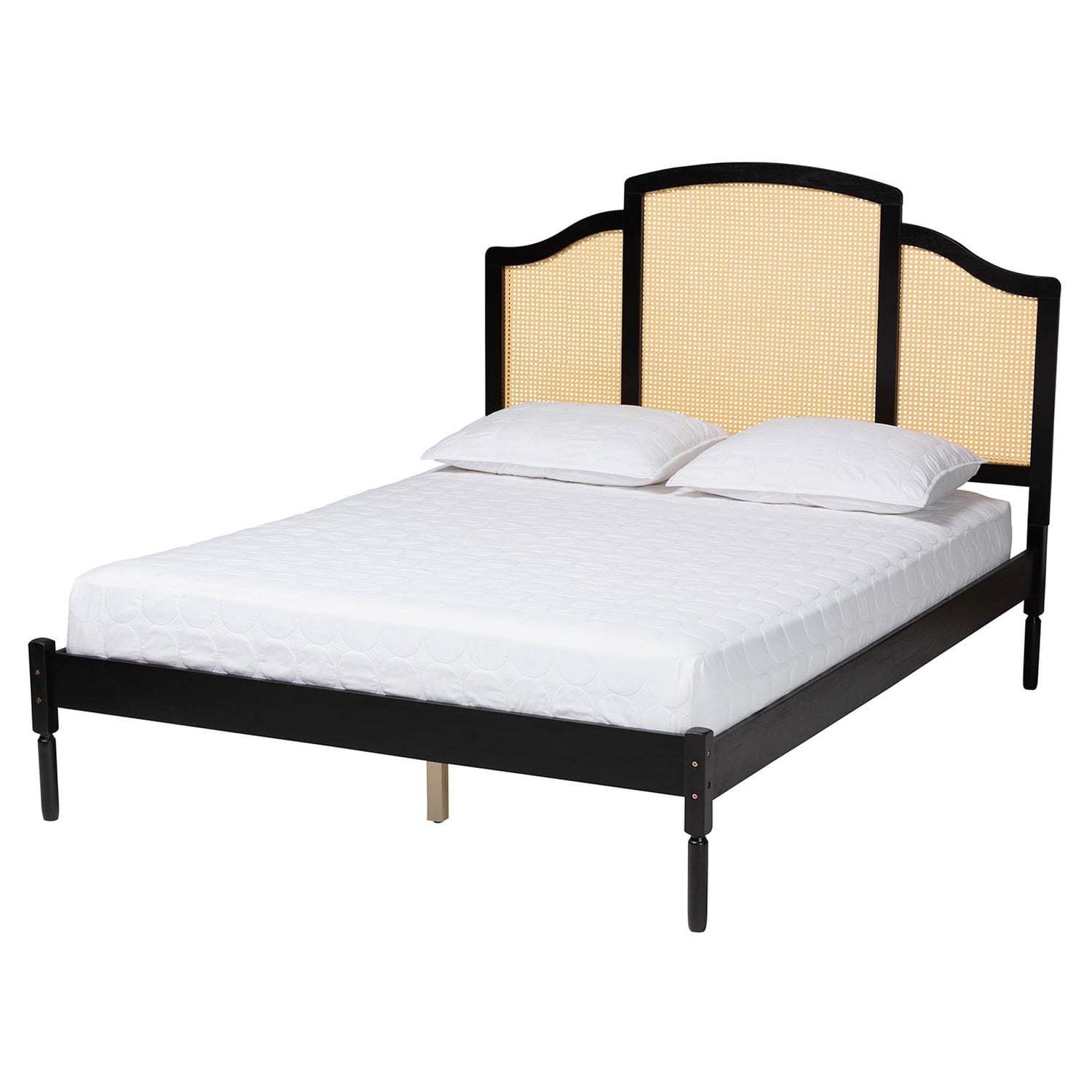 Queen Black Wood Platform Bed with Woven Rattan Headboard