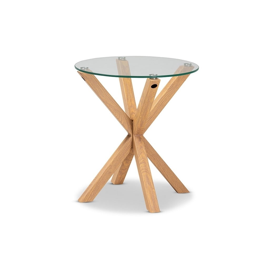 Round Glass and Wood End Table with Sculptural Base