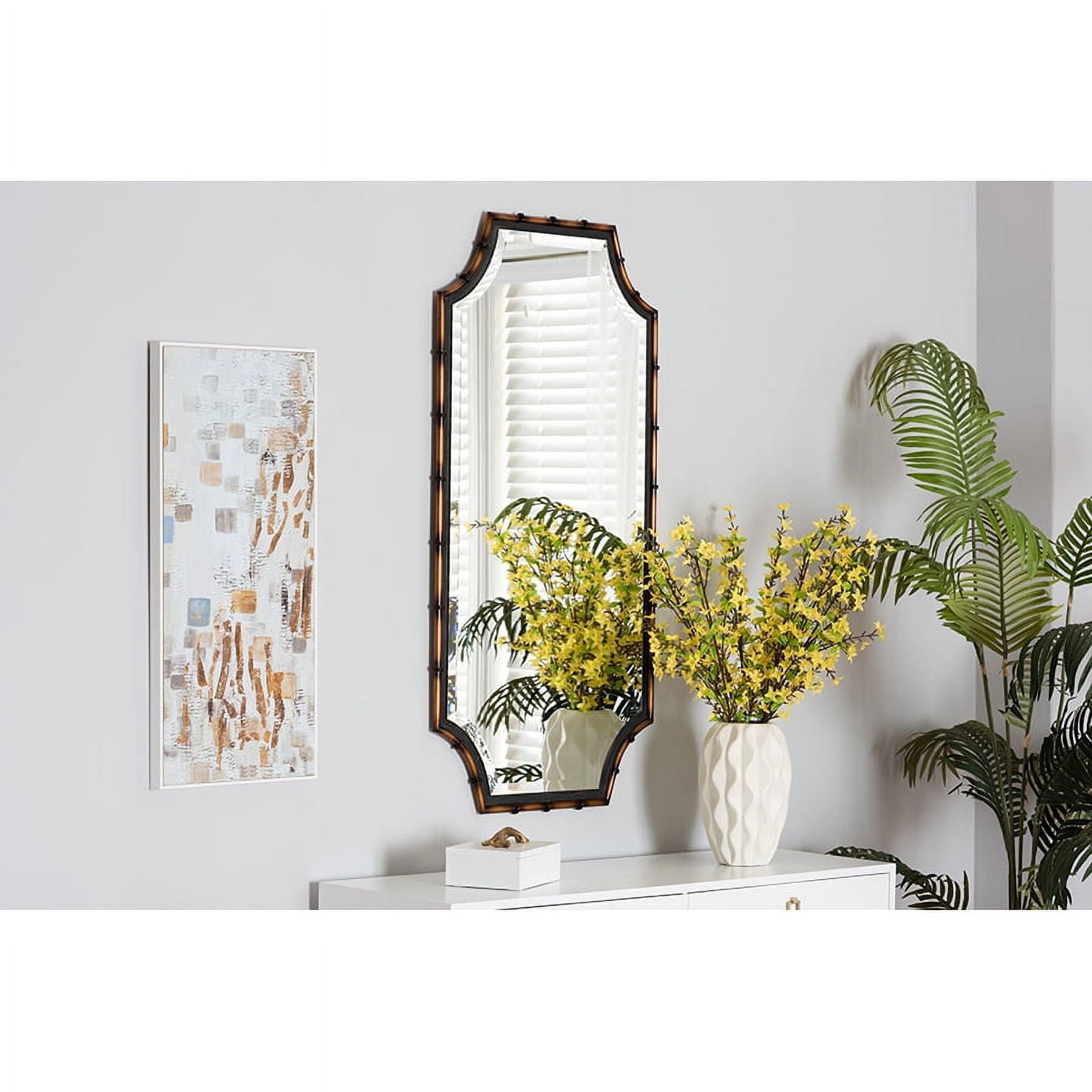 Rustic Elegance 48" Rectangular Wood and Gold Leather Wall Mirror
