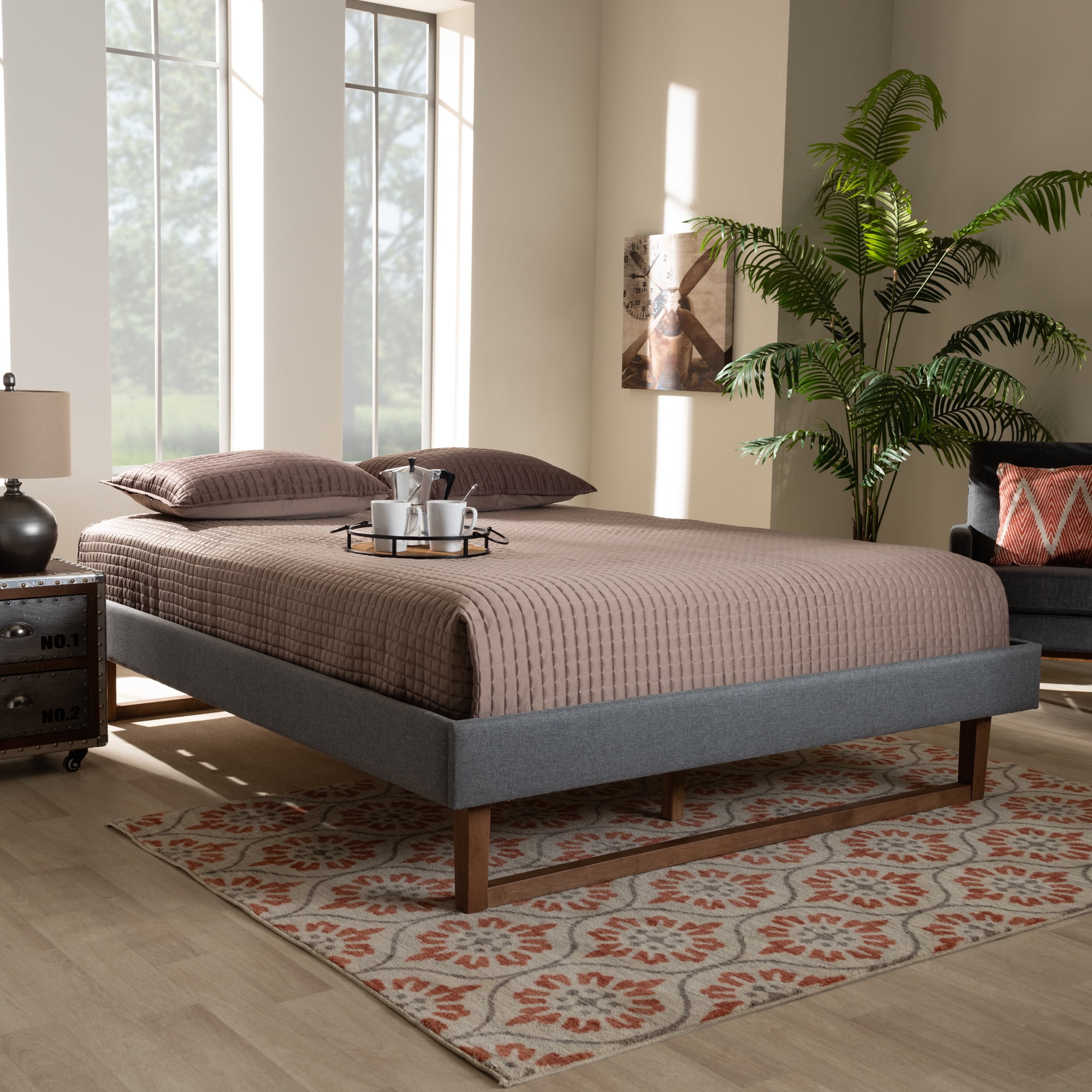 Liliya King Walnut Wood and Grey Upholstered Platform Bed