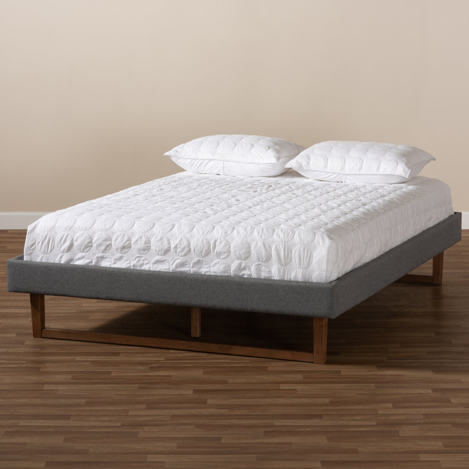 King-Sized Liliya Walnut Wood and Light Grey Upholstered Bed Frame