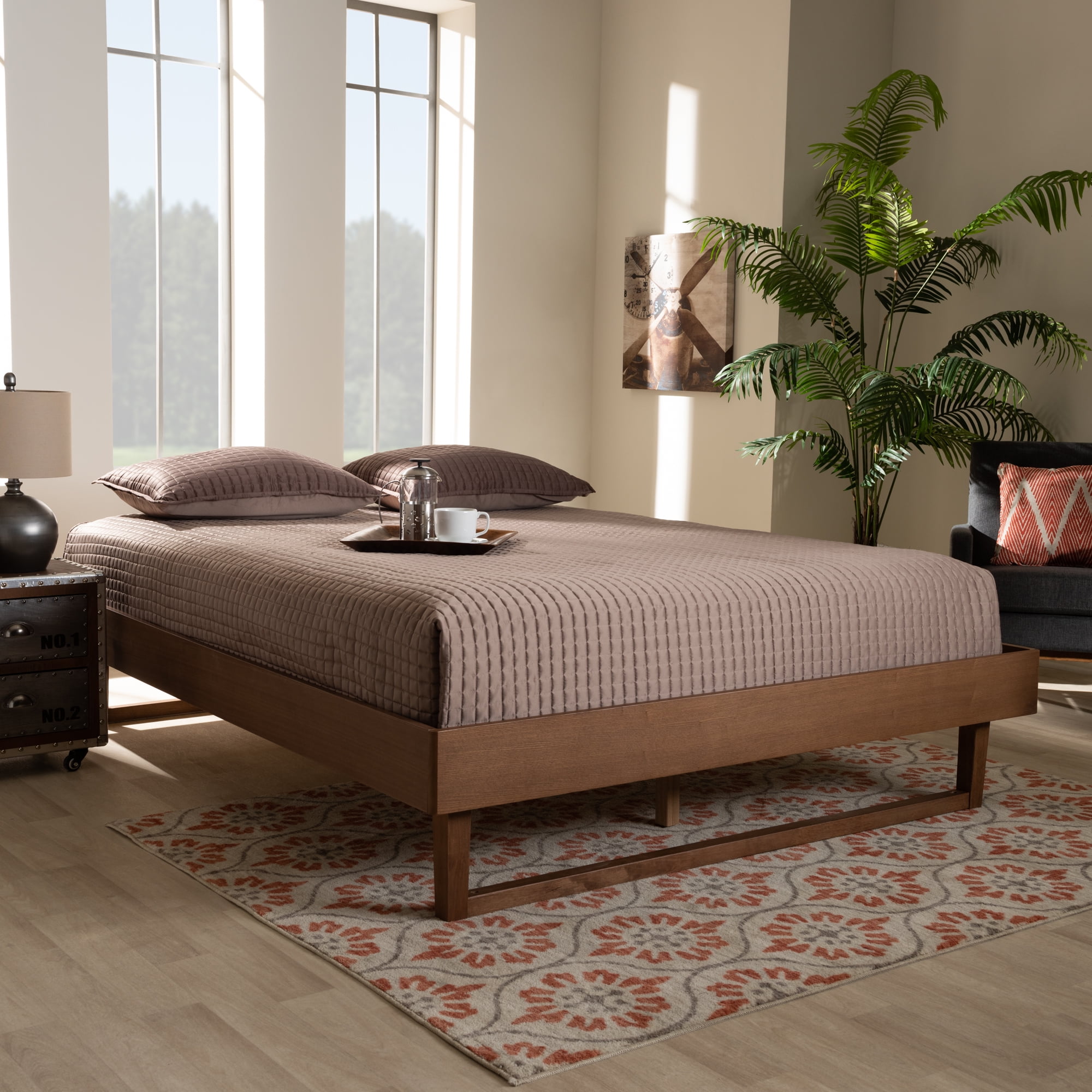 Liliya Walnut Brown Full Size Wood Platform Bed Frame with Slats