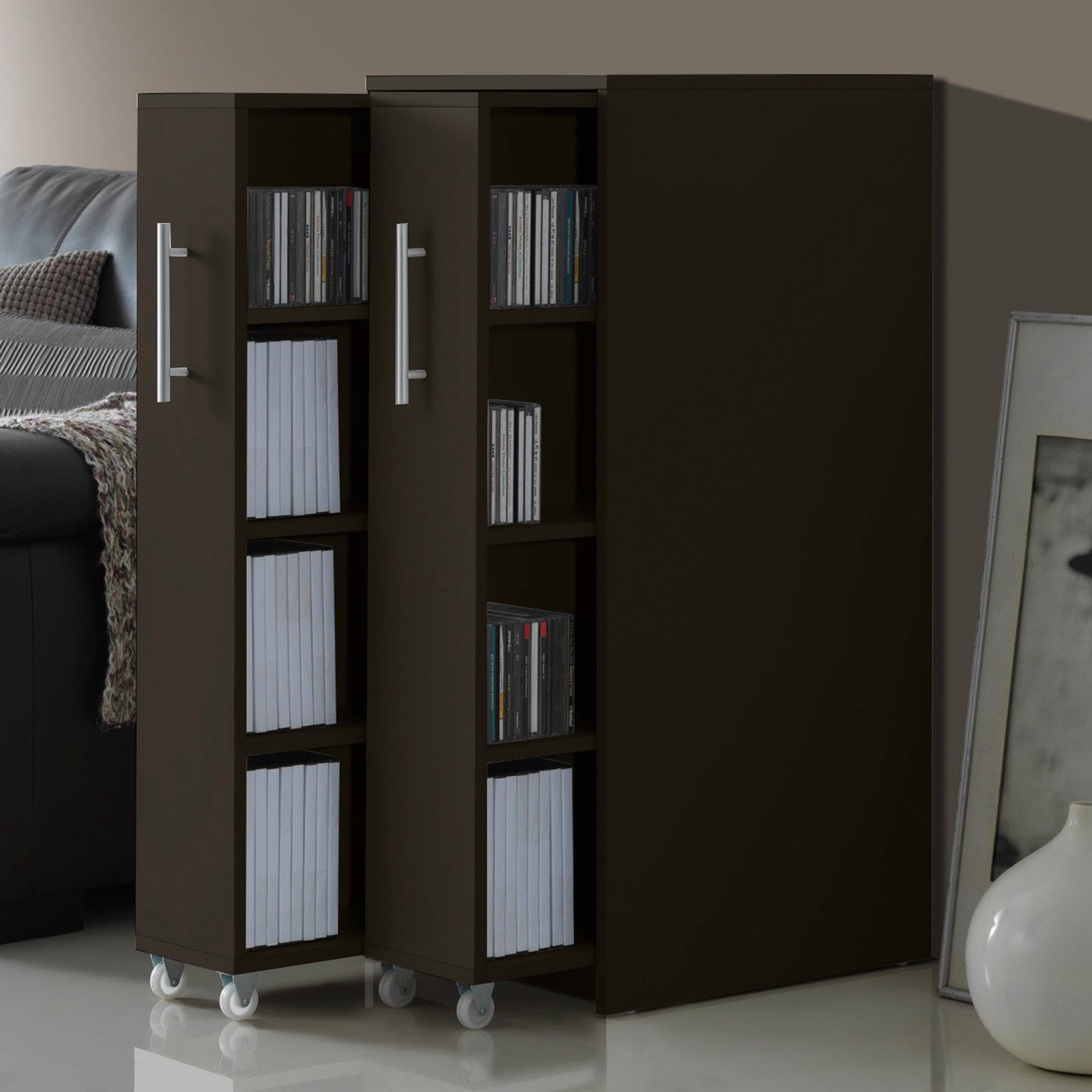Dark Brown Wood Bookcase with Pull-Out Doors and Shelves