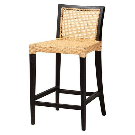 Baxton Studio Lingga Dark Brown Mahogany Wood and Natural Rattan Counter Stool