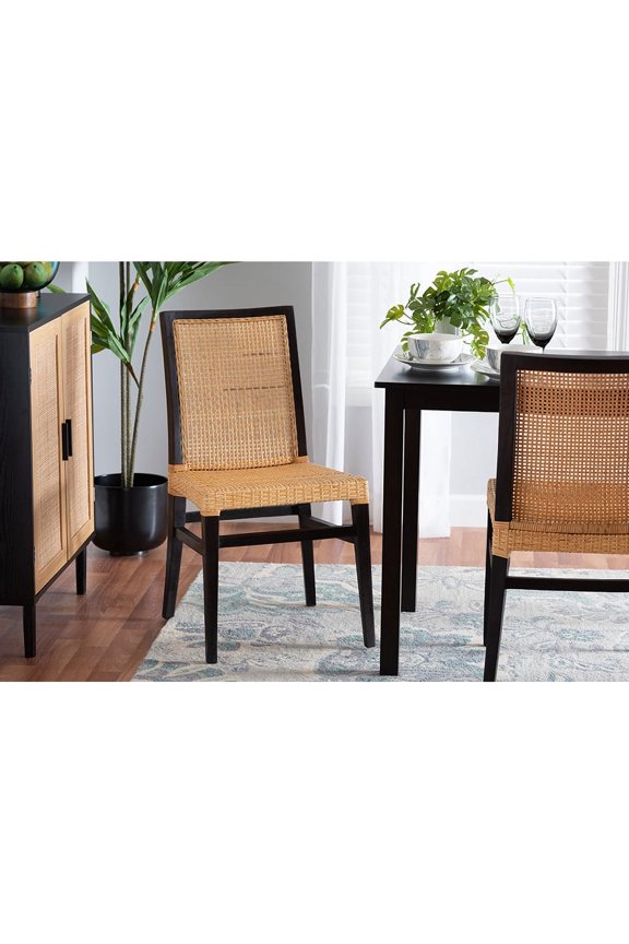 Baxton Studio Lingga Modern Bohemian Dark Brown Mahogany Wood and Natural Rattan Dining Chair