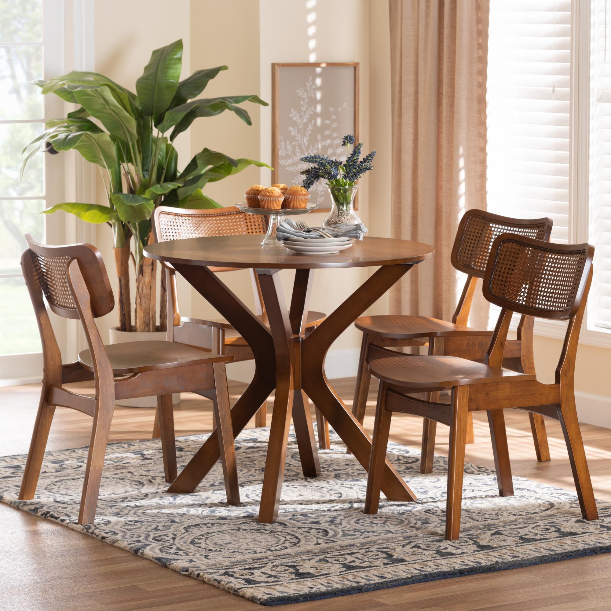 Baxton Studio Linnet Mid-Century Dining Set, 5-Piece, Walnut Brown
