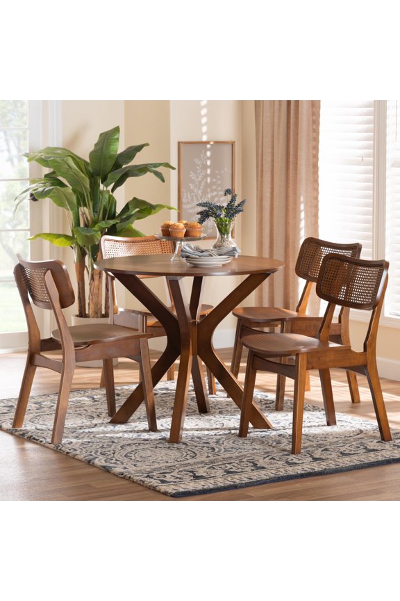 Linnet Mid-Century Modern Walnut Brown Finished Wood and Rattan 5-Piece Dining Set