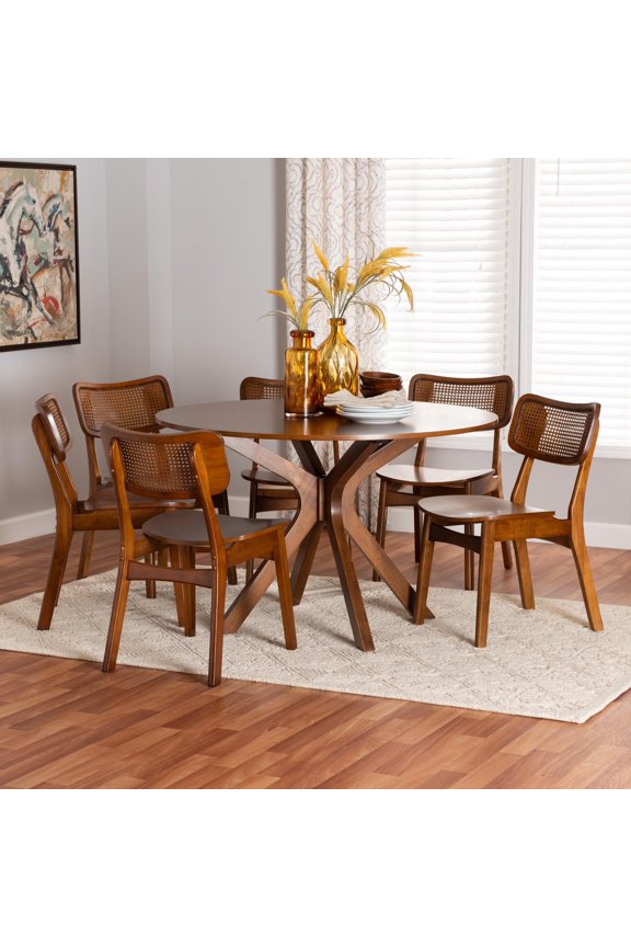Linnet Mid-Century Modern Walnut Brown Finished Wood and Rattan 7-Piece Dining Set