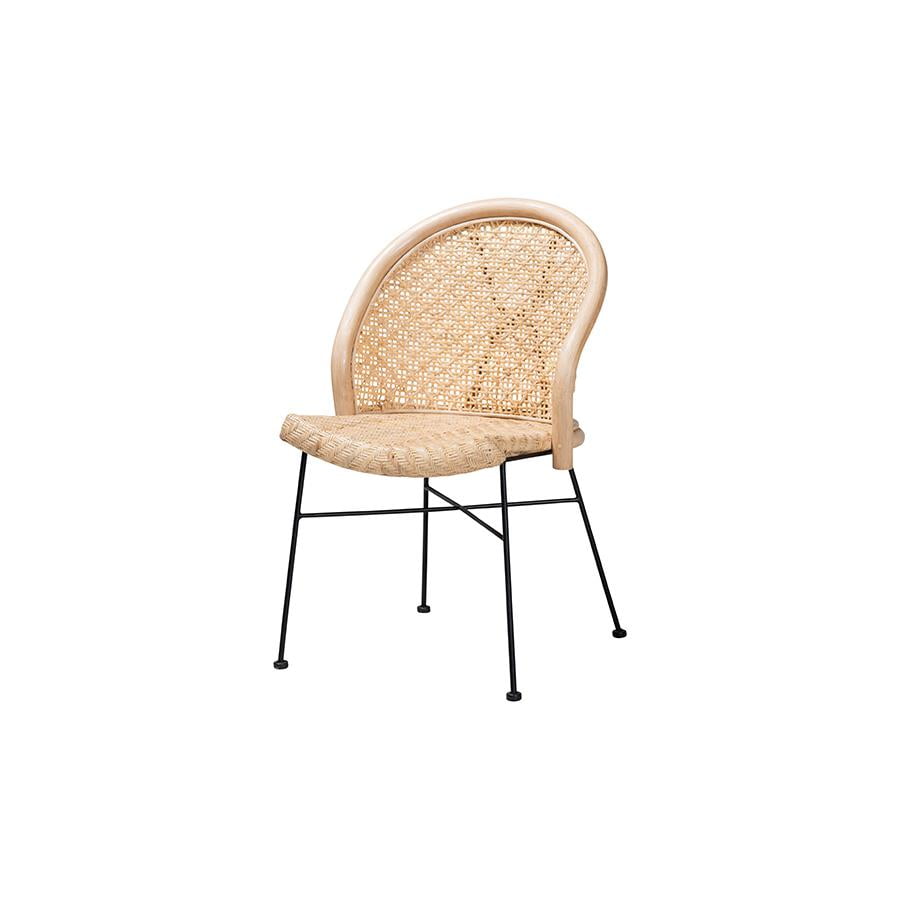 Natural Brown Rattan and Black Metal Dining Chair