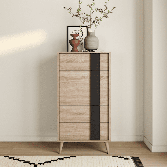 Baxton Studio Lisen Mid-Century Modern Light Oak and Grey 5-Drawer Chest