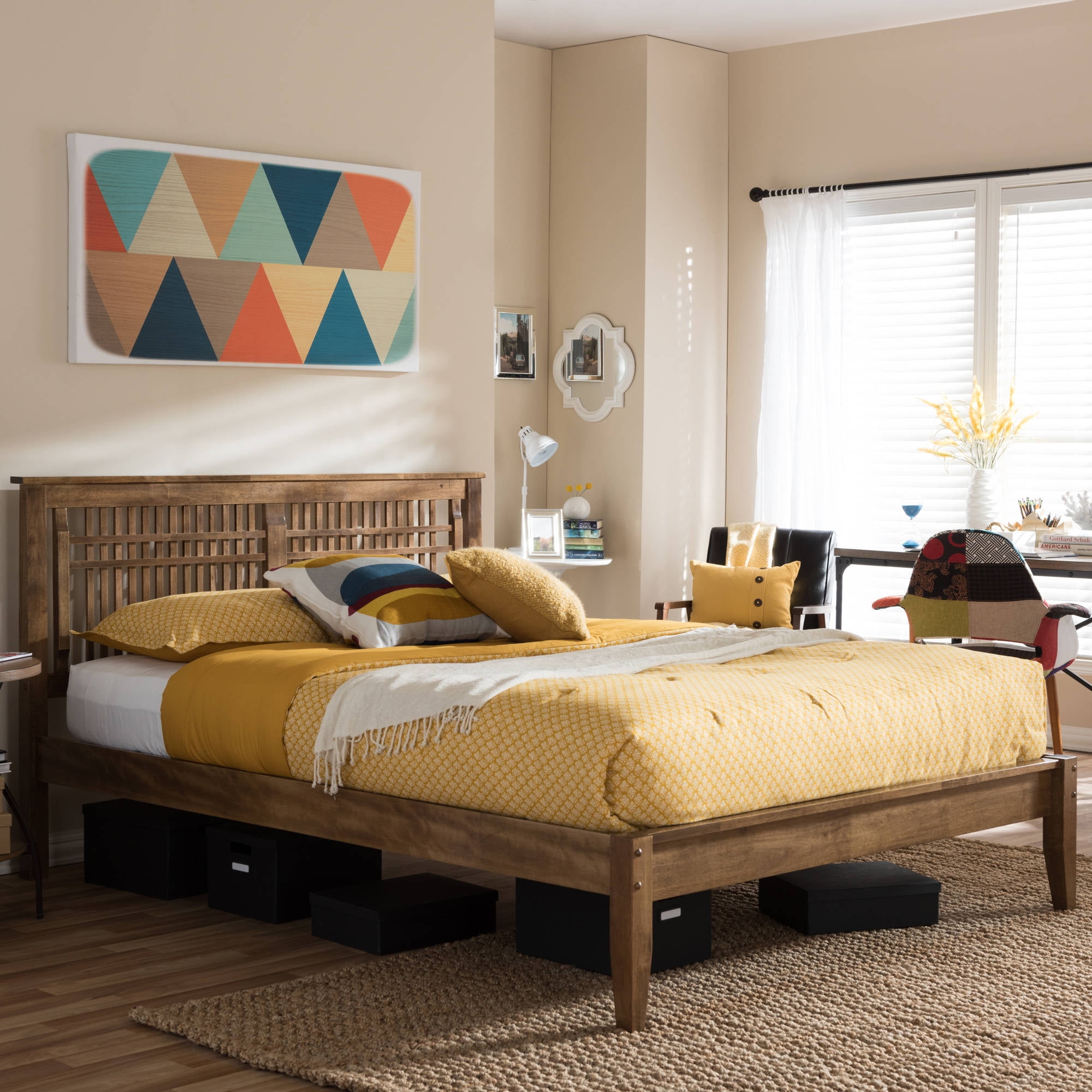 Baxton Studio Loafey Mid-Century Modern Solid Walnut Wood Window-Pane Style Full Size Platform Bed Baxton Studio Loafey Mid-Century Modern Solid Walnut Wood Window-Pane Style Full Size Platform Bed