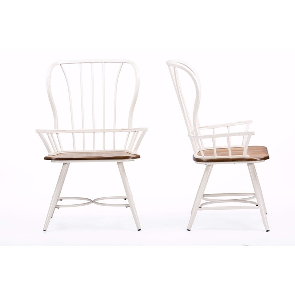 Windsor High Slat Metal Arm Chair in White with Dark Walnut Seat