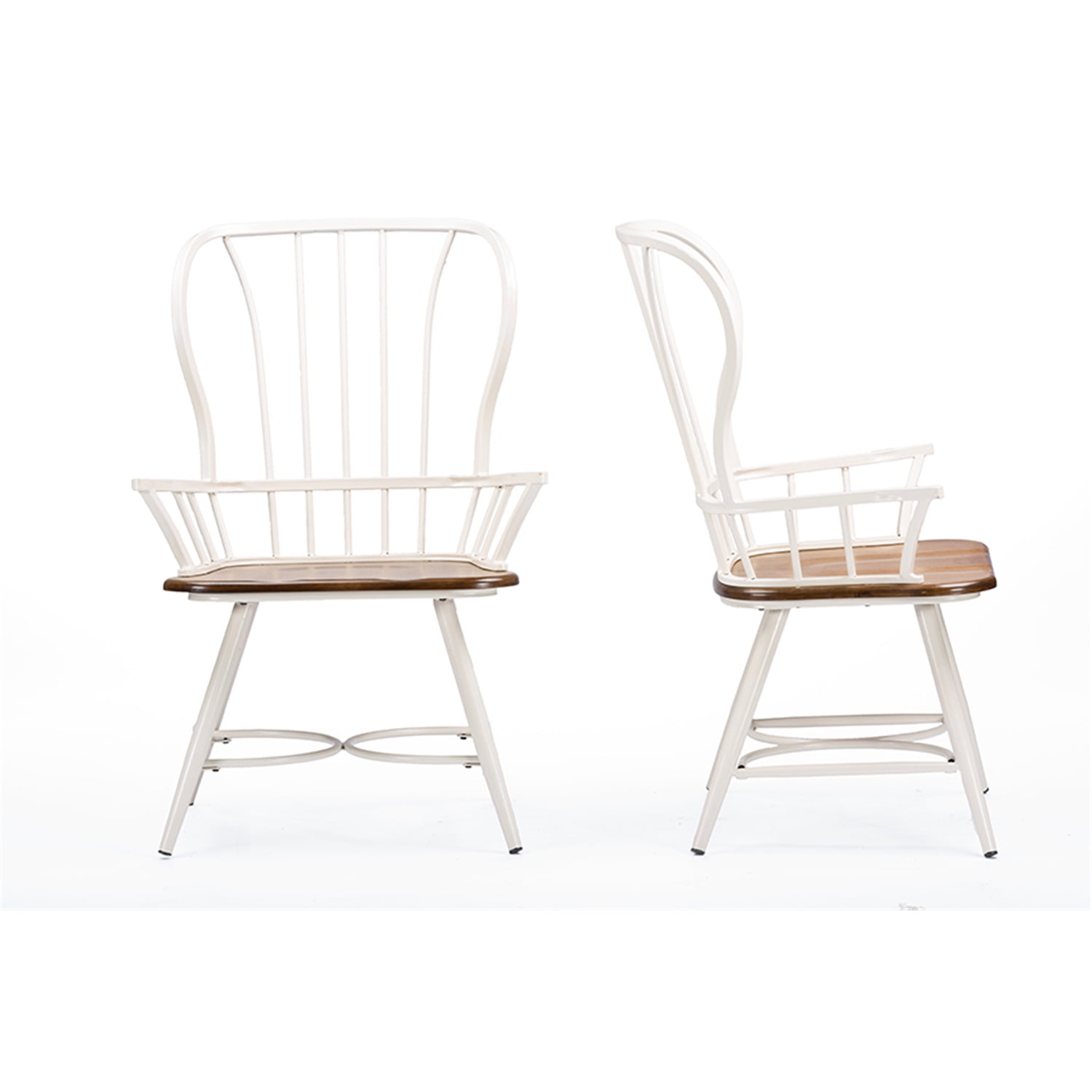 Windsor High Slat Metal Arm Chair in White with Dark Walnut Seat