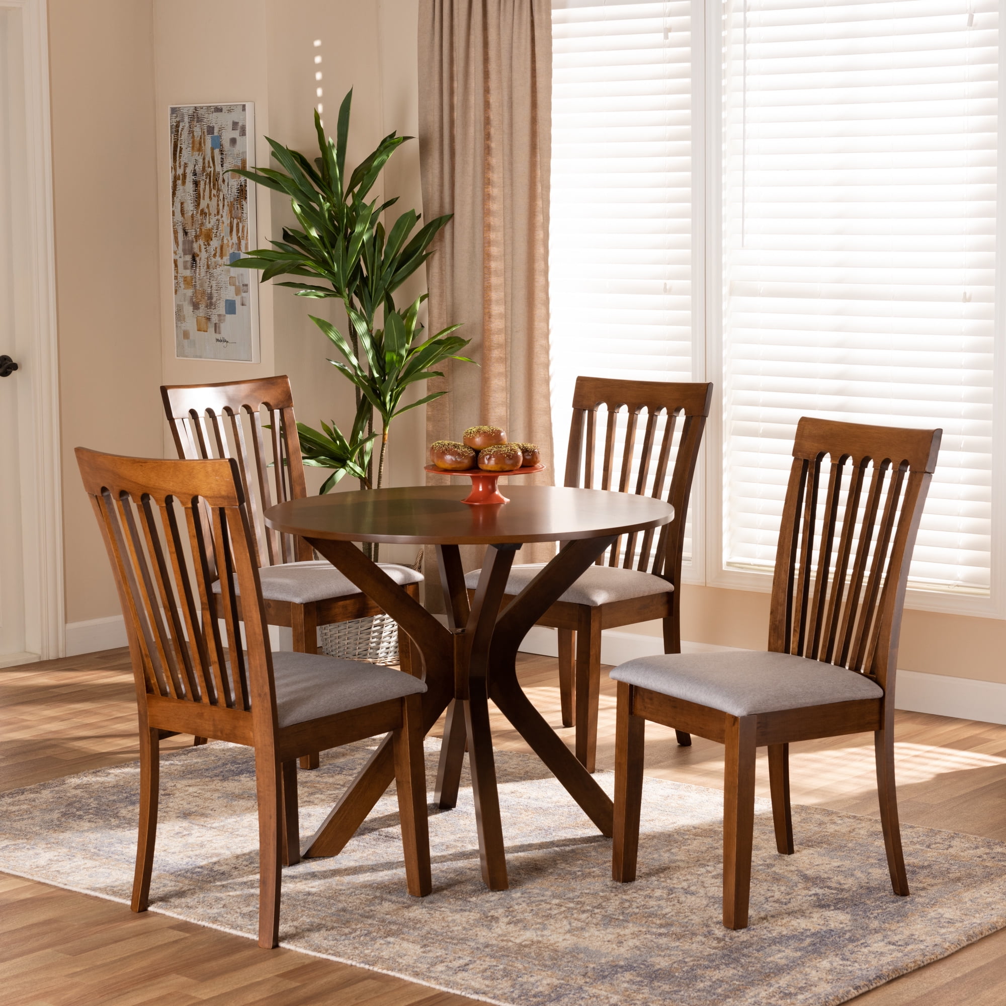Baxton Studio Lore Modern and Contemporary Grey Fabric Upholstered and Walnut Brown Finished Wood 5-Piece Dining Set