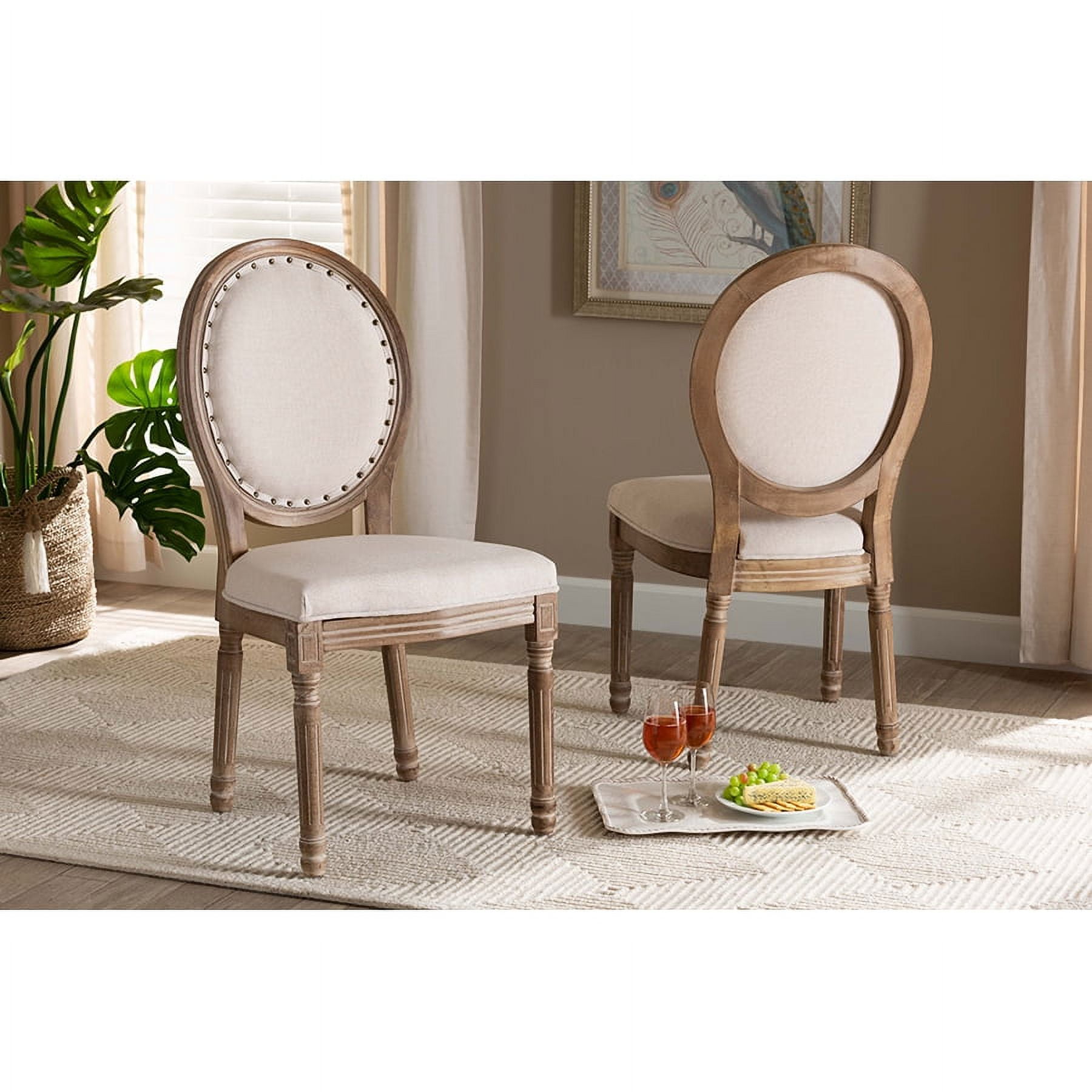 Antique Brown Birch Wood and Beige Fabric Dining Chairs, Set of 2
