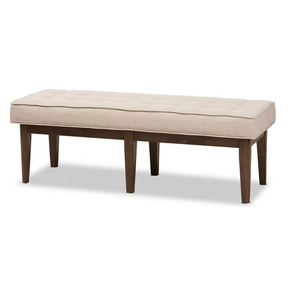 baxton studio lucca mid-century modern walnut wood light beige fabric button-tufted bench