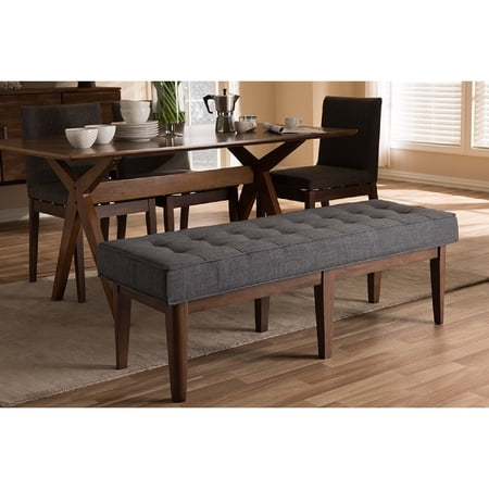 Baxton Studio Lucca Mid-Century Modern Walnut Wood Dark Grey Fabric Button-Tufted Bench