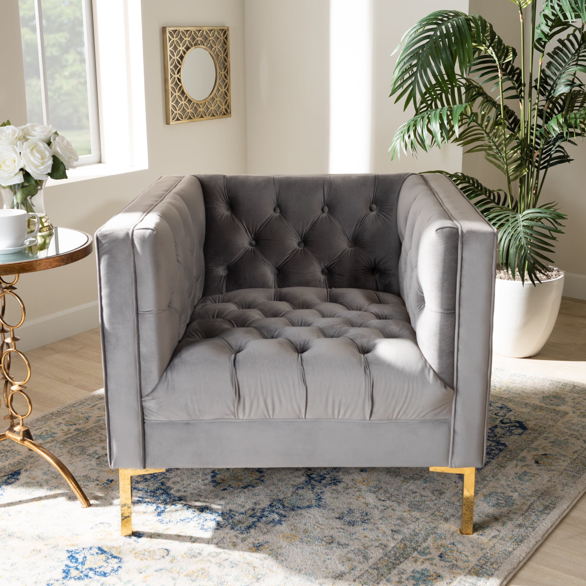 Zahir Luxe and Glamour Grey Velvet Upholstered Gold Finished Lounge Chair by Ember Interiors