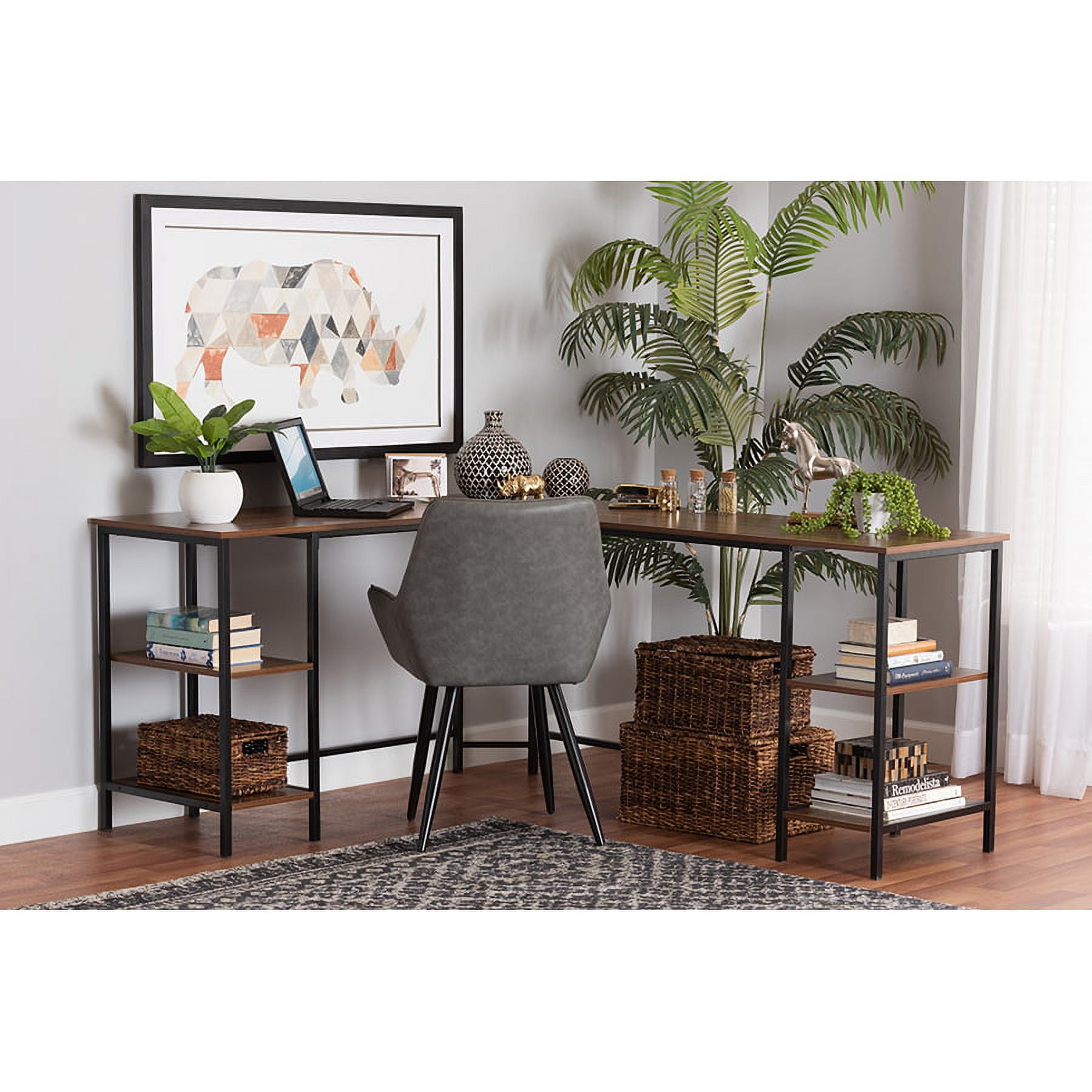 Lydia Modern Walnut Brown Wood L-Shaped Corner Desk with Metal Frame